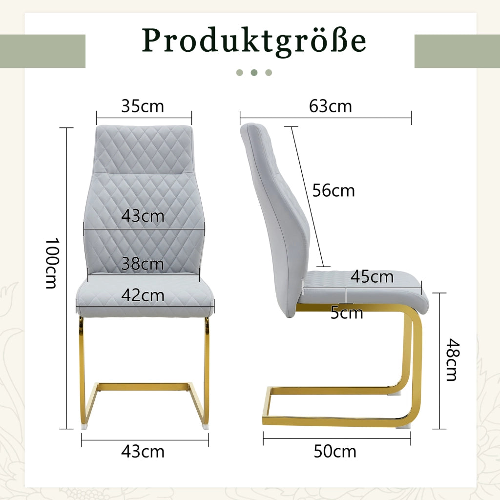 Sedia da Pranzo Set da 2 con Schienale Alto Ergonomico e Piedini Antiscivolo in Metallo e PU Grigio Chiaro Oro
