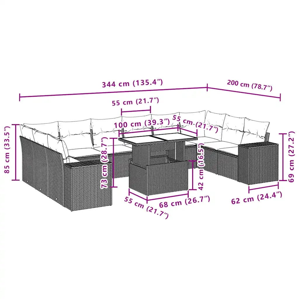 Set Divani da Giardino 11 pz con Cuscini Polyrattan Marrone 3269413