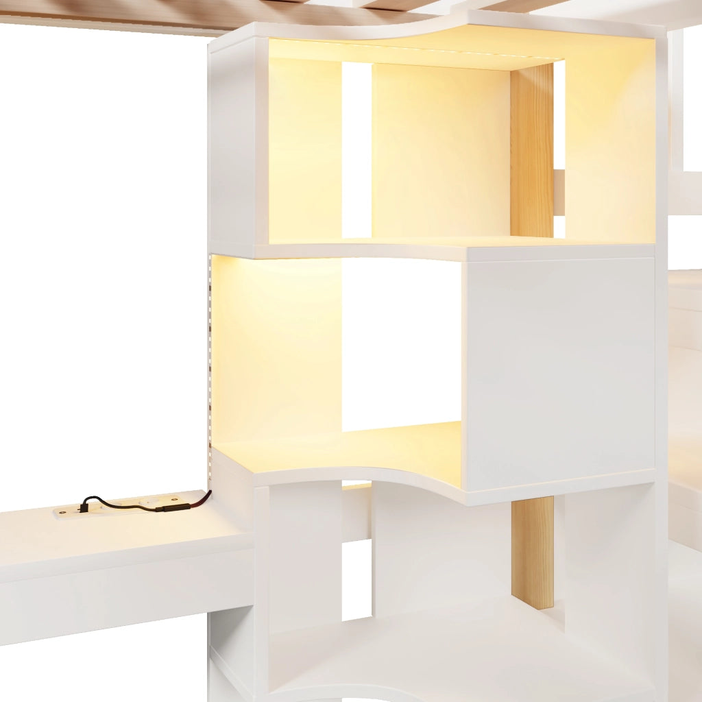 Letto a soppalco 140 × 200 cm con scrivania scala contenitore LED e presa elettrica in legno bianco naturale