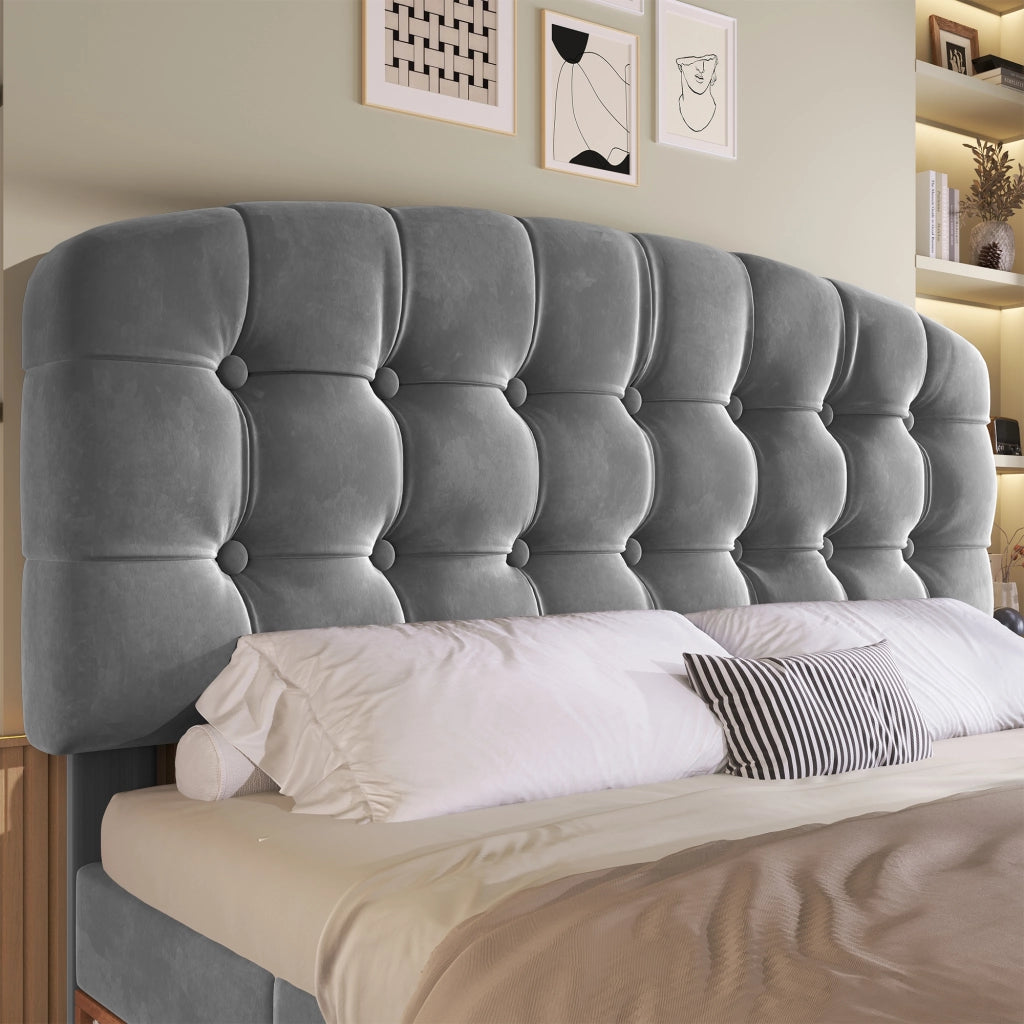 LETTO 140x190 cm Velluto Grigio con testiera regolabile e cassetti