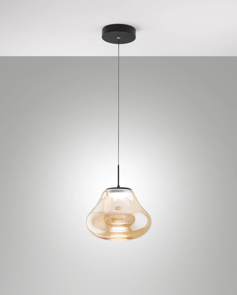 Lampada a Sospensione Deva Ø250mm Ambra, LED 14W 1510lm CCT Dimmerabile, Struttura in Metallo e Vetro Borosilicato - Deva