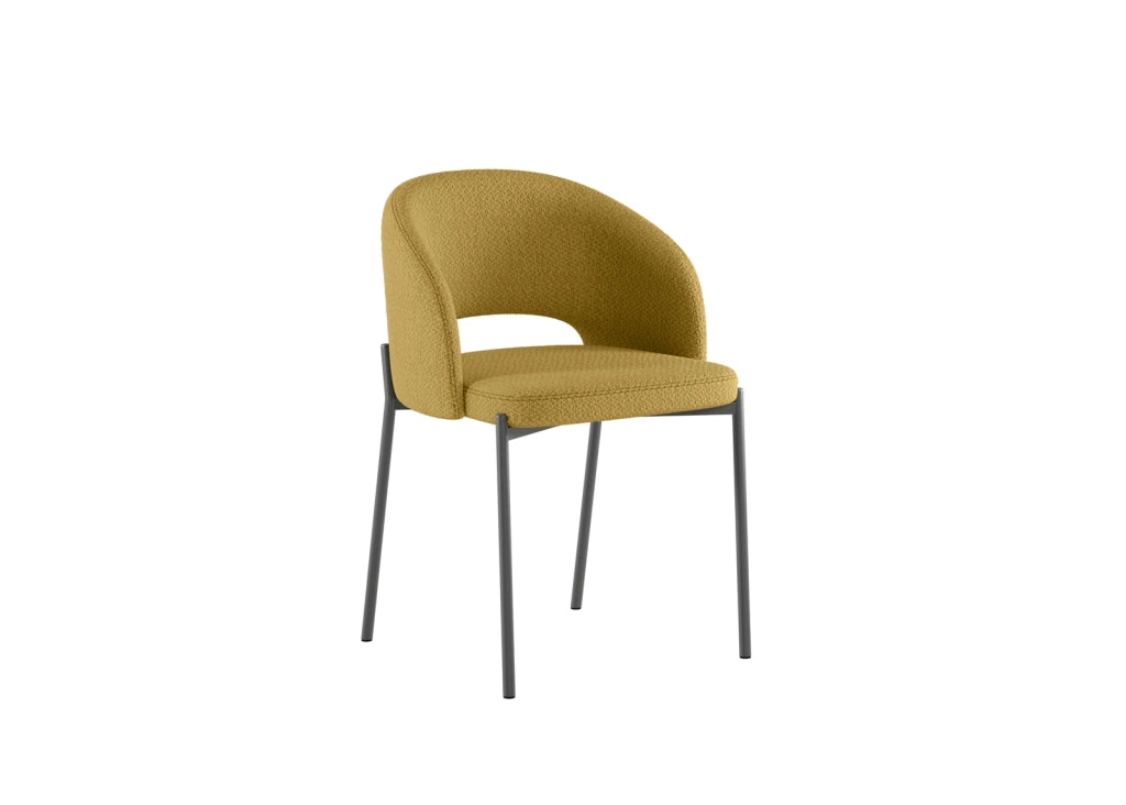 Sedia Greta in tessuto imbottito giallo con gambe in metallo antracite, sedia dal design circolare 55,5x52x78,5 cm - Greta Collection