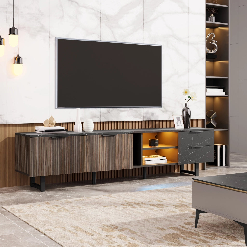 Cassettiera per TV nera e legno; in MDF; lunghezza 200 cm