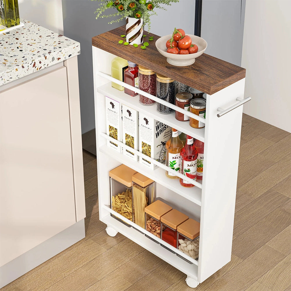 Carrello Portaoggetti da Cucina Slim Salvaspazio Bianco Industrial con 4 Ruote