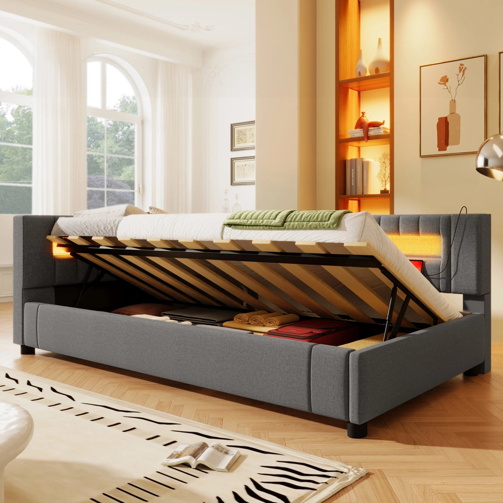 LETTO Contenitore 90x200 cm in lino grigio con LED e USB