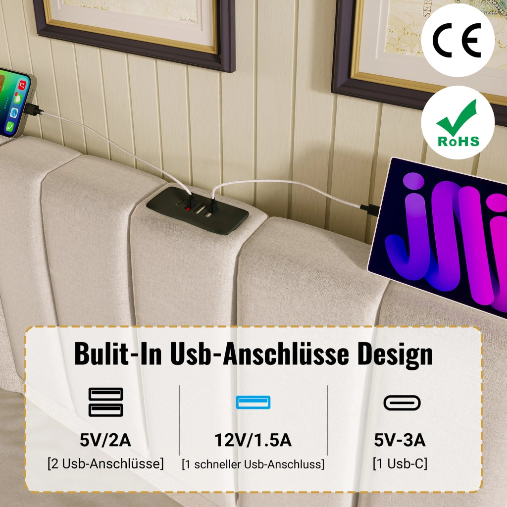 LETTO contenitore 180x200 cm beige in lino con LED e USB