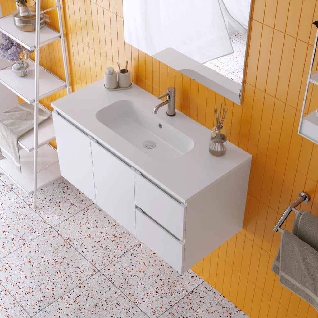 Mobile da bagno sospeso 100cm bianco lucido con lavabo e specchio | Rata