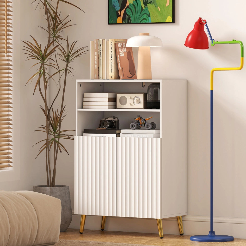 Mobiletto Bagno Moderno 60x31,8x93 cm con 2 Ripiani Aperti e Armadietto con Ante Ammortizzate in MDF Bianco