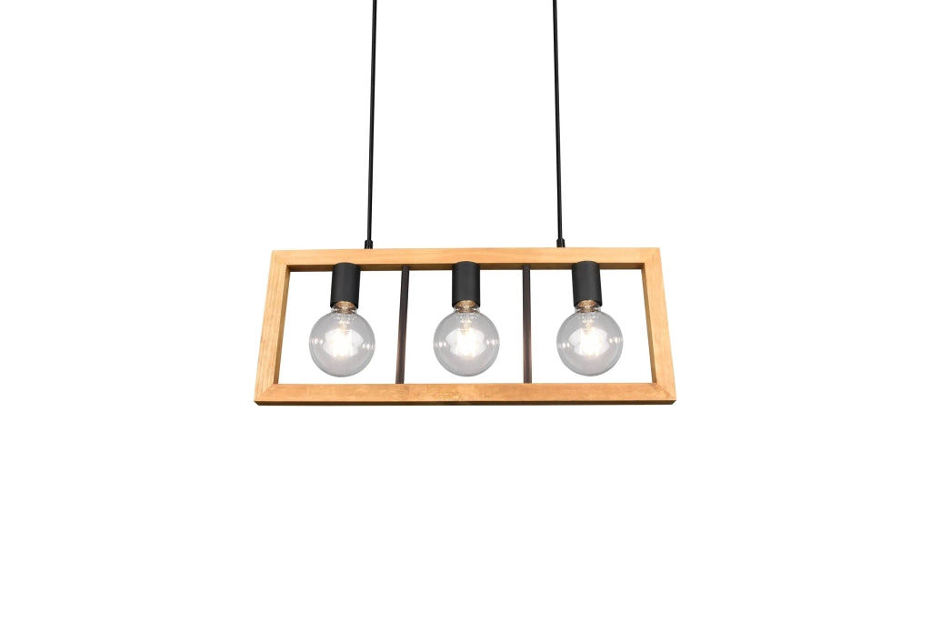 Lampada a sospensione 3 luci, legno e metallo, 60x150x8 cm, Agra