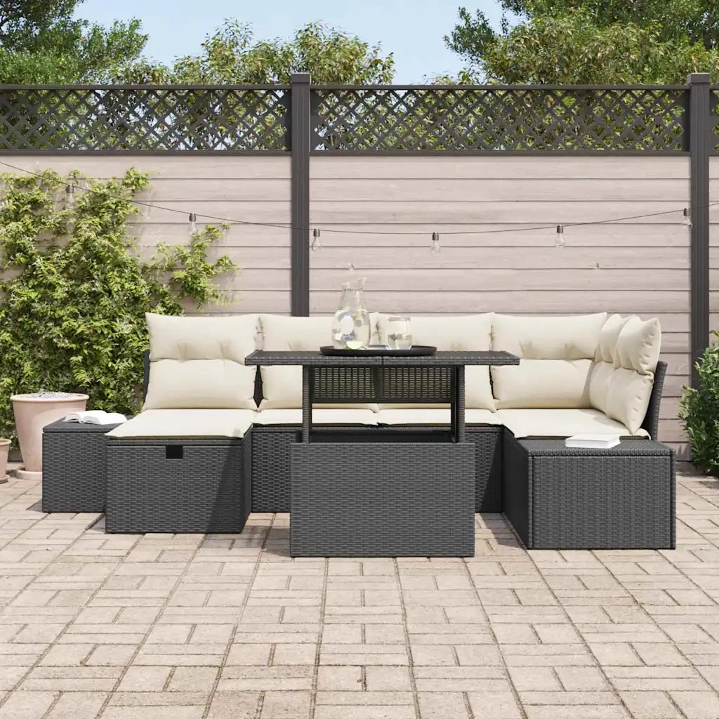 Set Divano da Giardino con cuscino 7 pcs Nero Poly Rattan