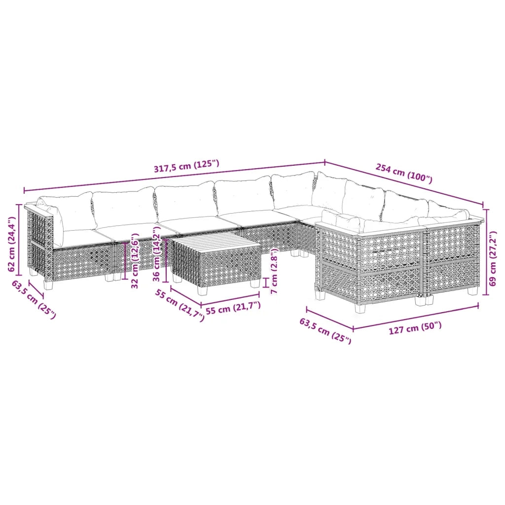 Set Divani da Giardino 10pz con Cuscini in Polyrattan Nero 3262010