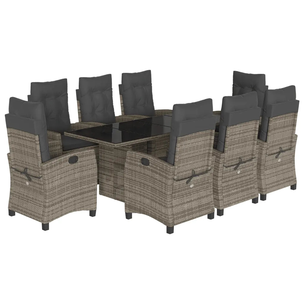 Set da Pranzo da Giardino 9 pz con Cuscini in Polyrattan Grigio