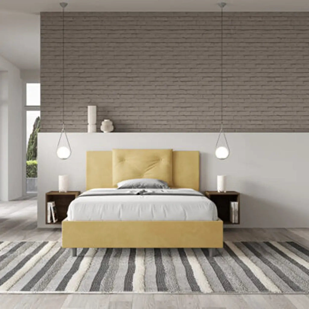Letto matrimoniale francese con rete imbottito 140x200 microfibra ocra Appia