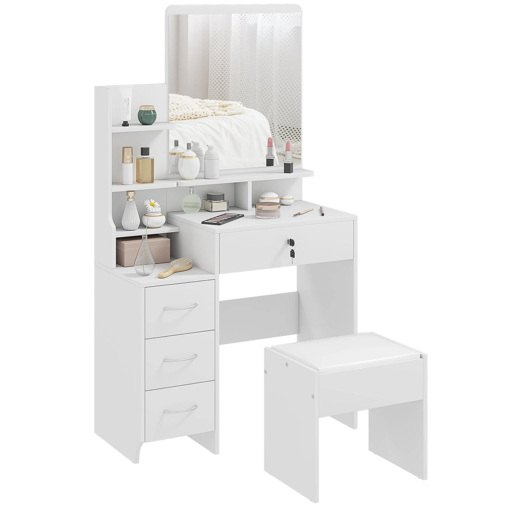 Cassettiera trucco con specchio e sgabello ¨C Minimal ¨C 80x38x143 cm bianco
