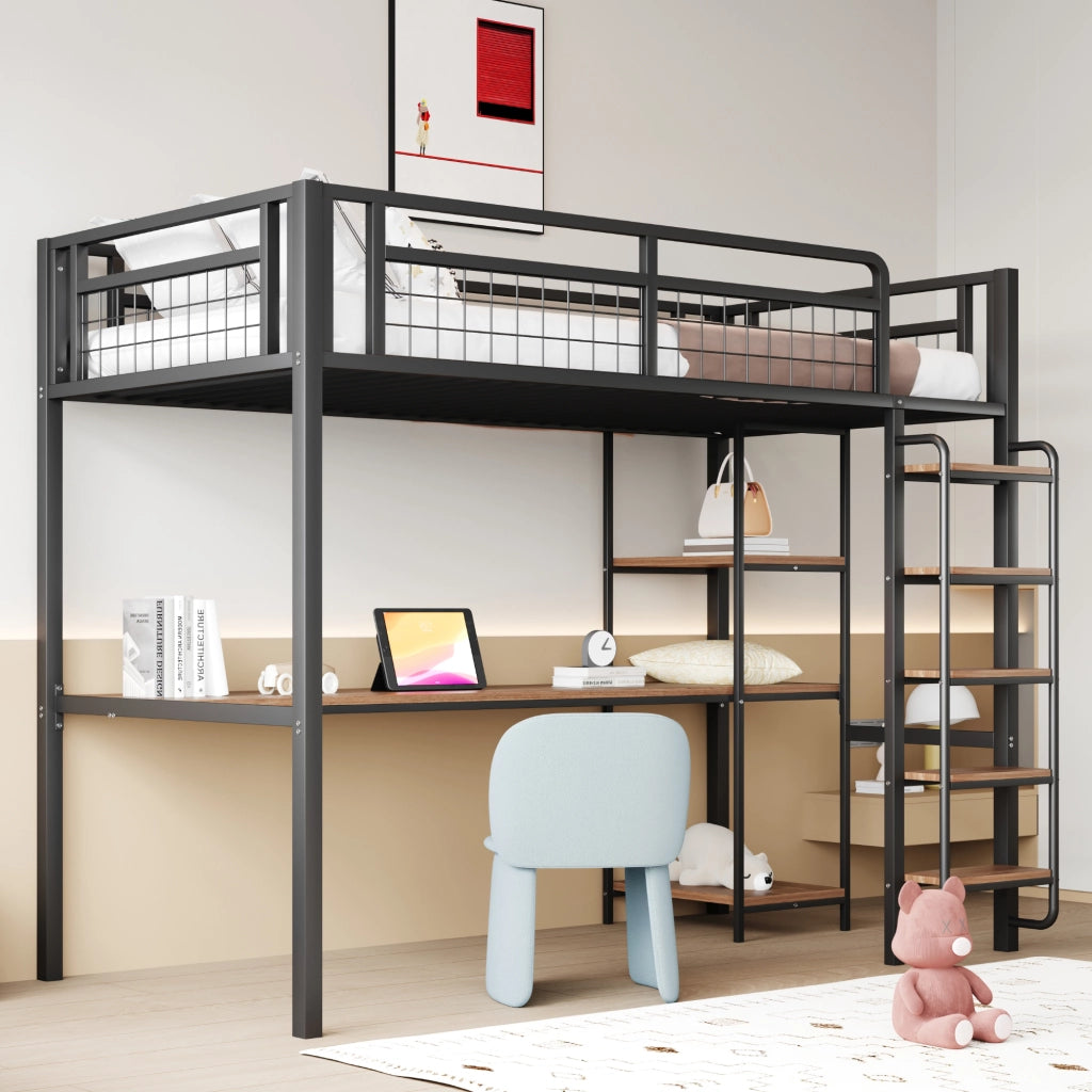 Letto a Soppalco Singolo con Scrivania e Ripiani ¨C MINIMAL ¨C Metallo Nero 90x200