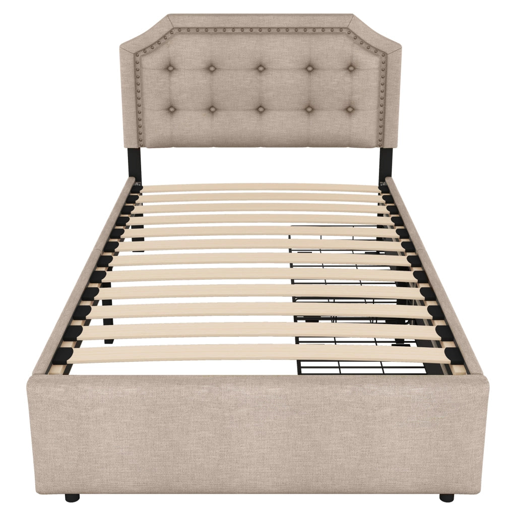 Letto singolo a profilo basso 90x200cm con montanti decorativi e cassetti doppi in beige scuro