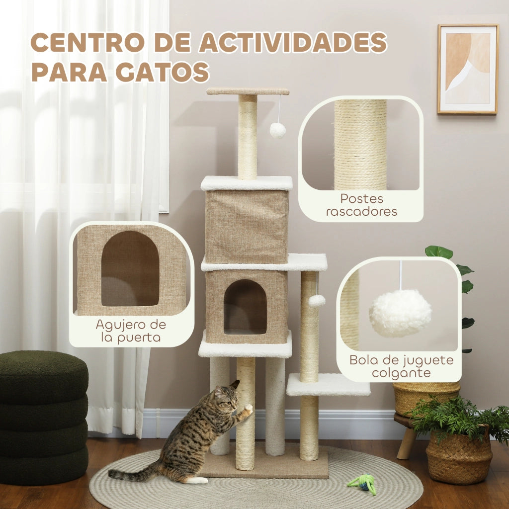 Albero tiragraffi per gatti con 2 tane e piattaforme ¨C Minimal ¨C 140 cm marrone chiaro
