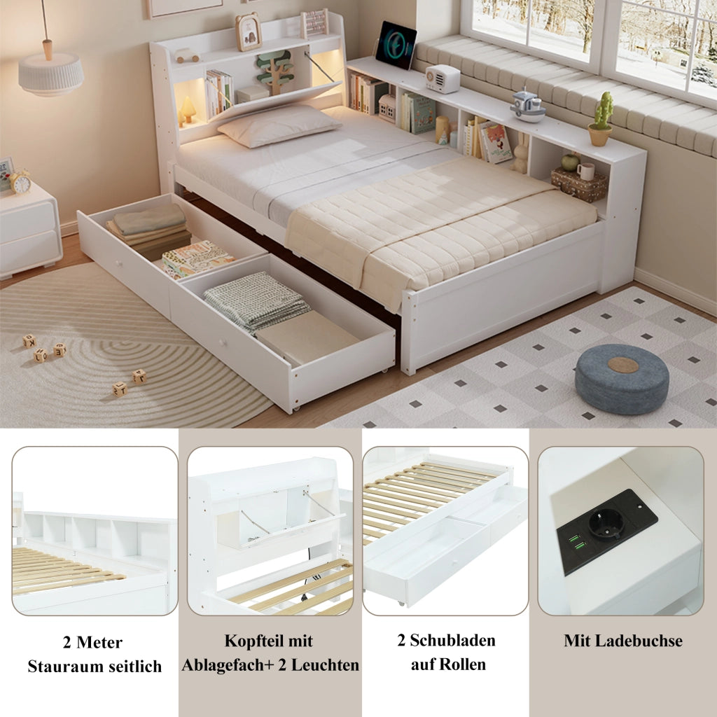 LETTO Singolo 90x200 cm Bianco con testiera, luci e cassetti