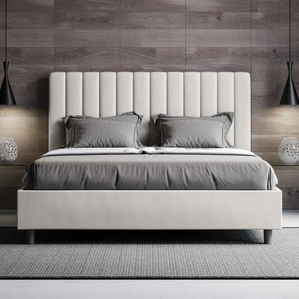 BS COM Letto matrimoniale con rete imbottito 160x210 similpelle bianco
