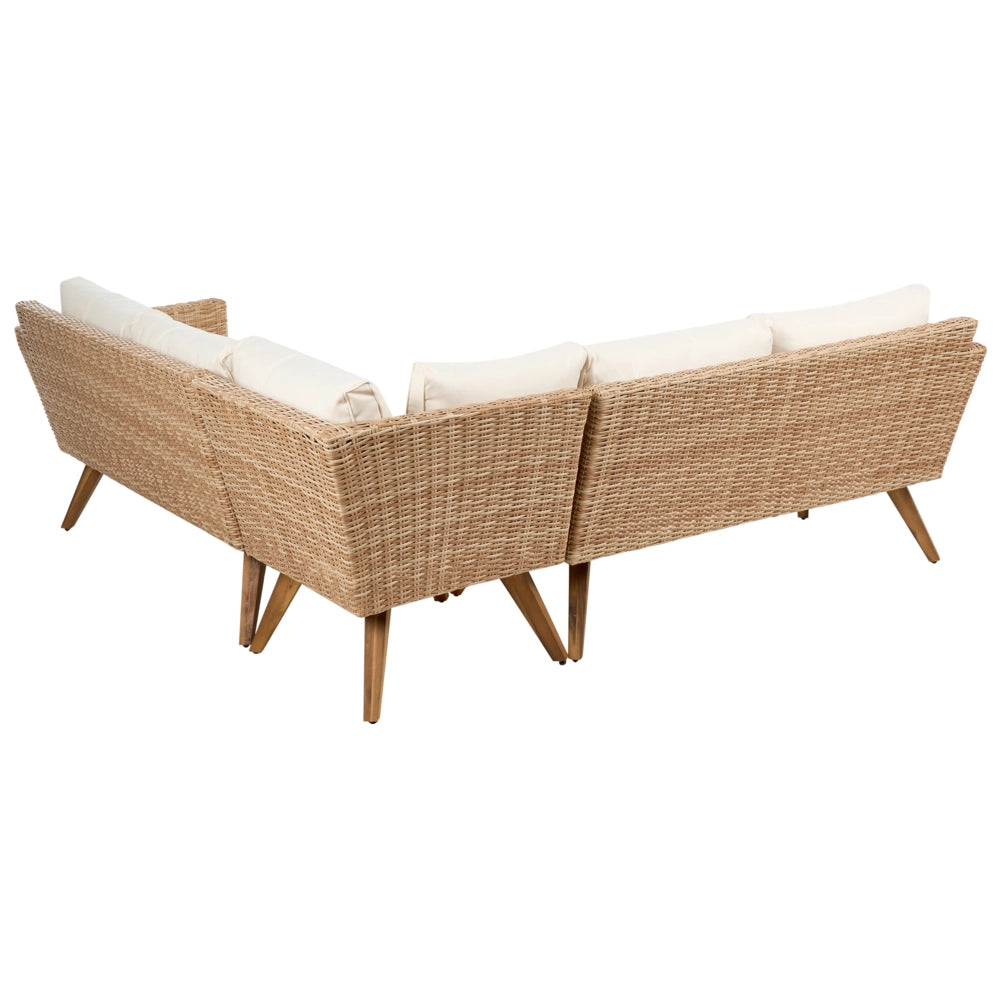 Set da Giardino in Rattan PE con Divano ad Angolo 6 Posti Tavolino e Cuscini Bianco Sporco Stile Country