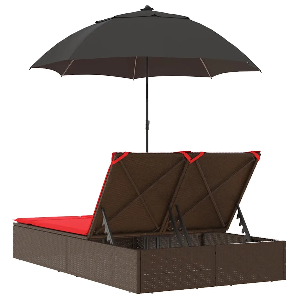 Lettino Prendisole Doppio Cuscini e Parasole Marrone Polyrattan 368087
