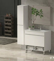 Mobile Bagno NEBARI com gambe Già Montato 1 cassetto, lavabo e specchio Bianco lucido 100x40 cm con colonna