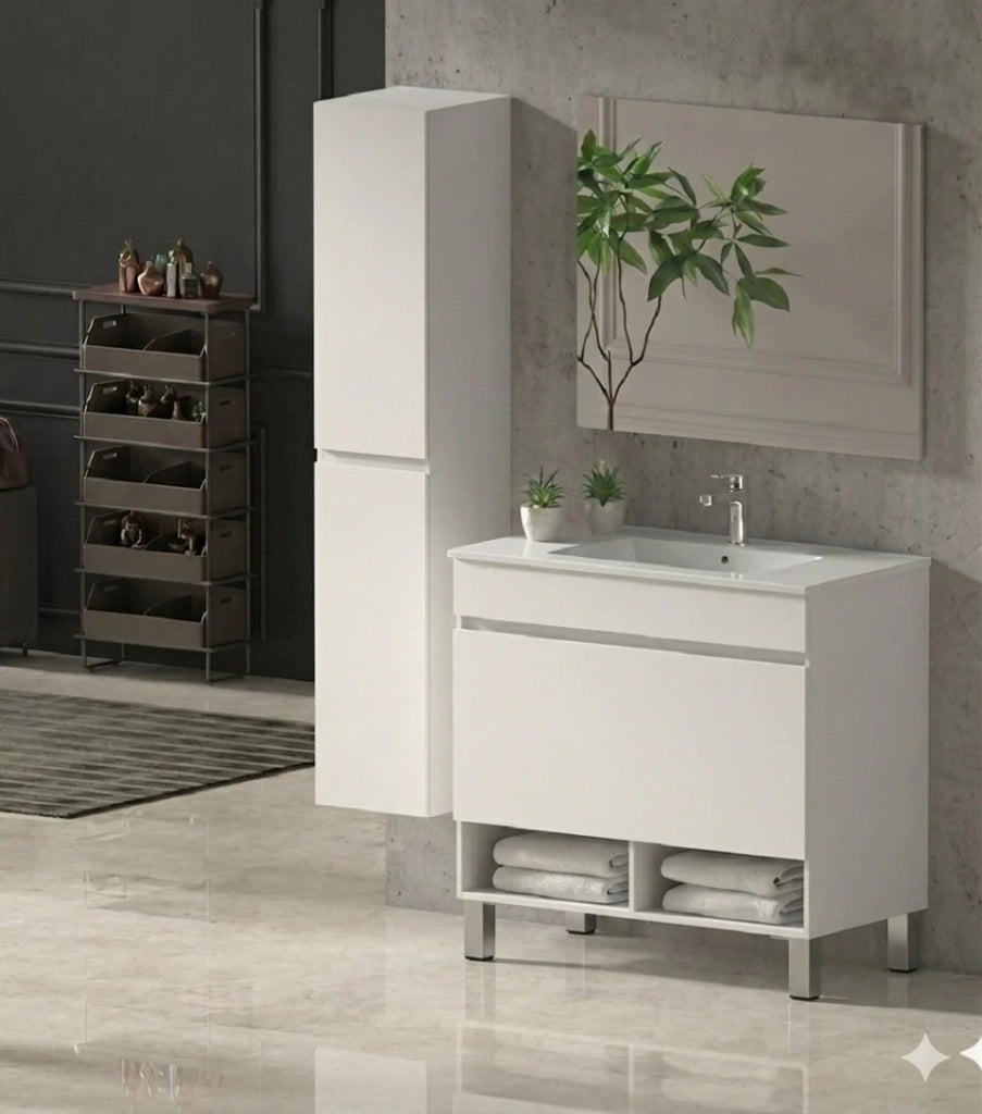 Mobile Bagno NEBARI com gambe Già Montato 1 cassetto, lavabo e specchio Bianco lucido 100x40 cm con colonna