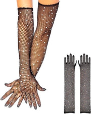 Manopole lunghe per donne con strass - Guanti a mesh per Halloween cosplay - Nero S