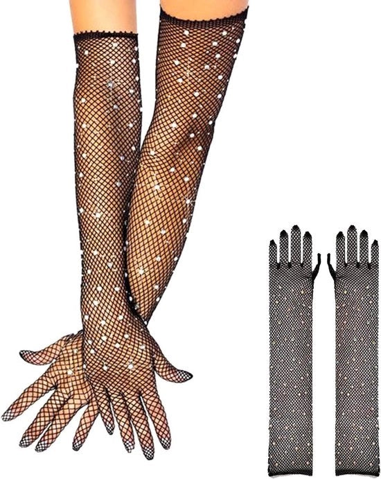 Manopole lunghe per donne con strass - Guanti a mesh per Halloween cosplay - Nero S