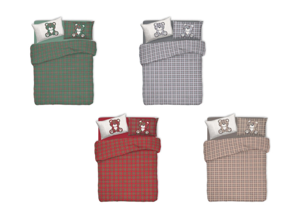 Copripiumino Sacco Piumone Pensieri Delicati 100% Cotone Orsetto Tartan - Matrimoniale - Beige