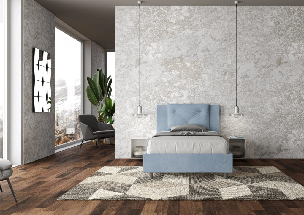 BS COM Letto singolo con rete imbottito 100x200 microfibra azzurro