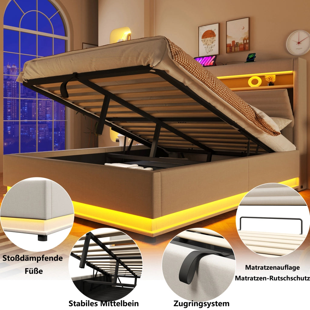 LETTO Contenitore 140x200 cm in lino Beige con LED e USB-C