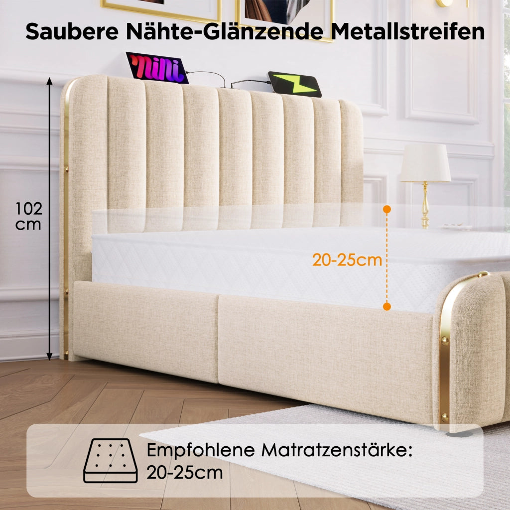 LETTO matrimoniale contenitore 140x200 cm beige in lino con USB e Type-C