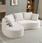 Divano ad arco 250x152x82 cm in tessuto corduroy beige con portabicchieri e tasche laterali