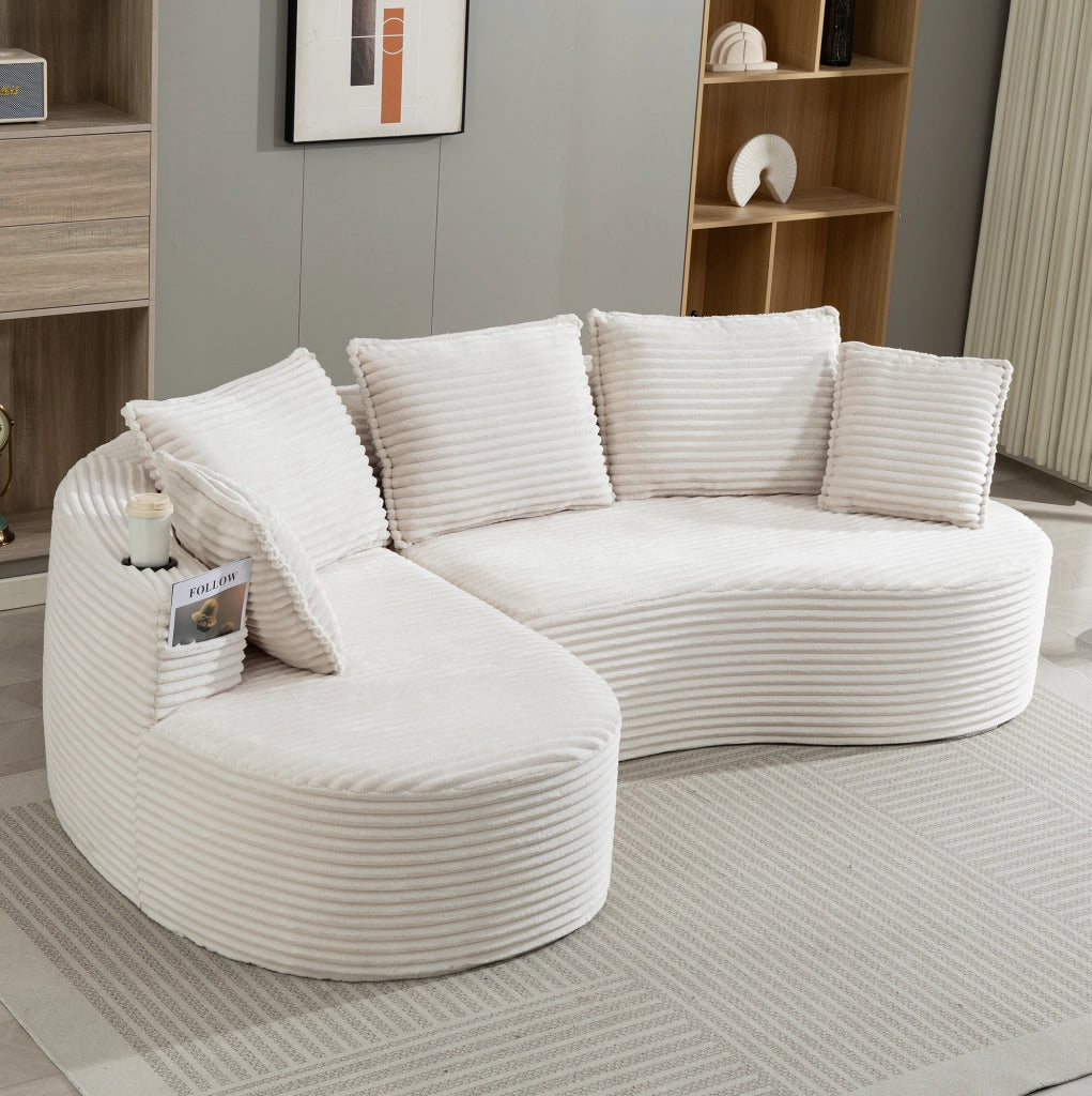 Divano ad arco 250x152x82 cm in tessuto corduroy beige con portabicchieri e tasche laterali