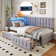 LETTO Contenitore 90x200 cm Grigio in tessuto con 2 cassetti, LED e USB-C