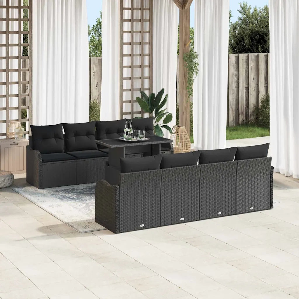 Set Divano da Giardino con cuscino 9 pcs Nero Poly Rattan