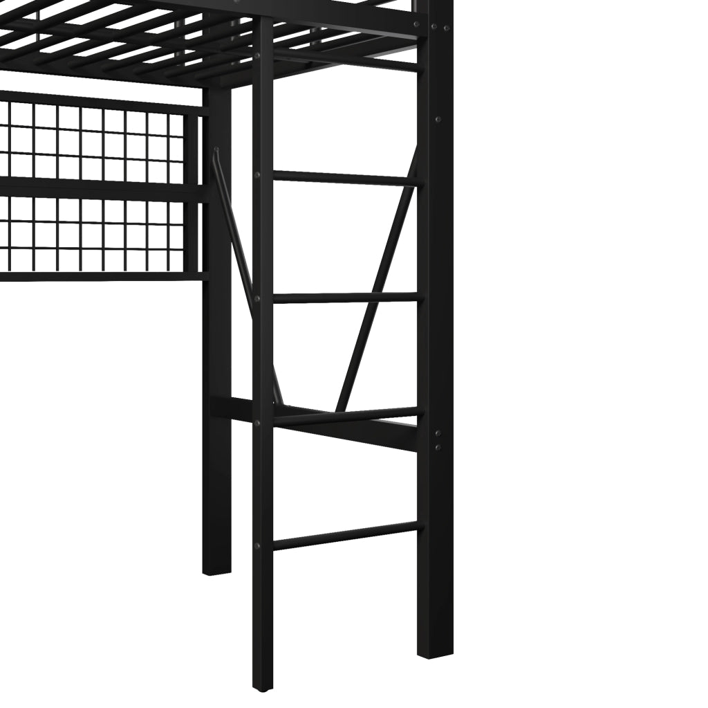 Letto a soppalco 90x200 cm in metallo e MDF con LED; ripiano e griglia; nero