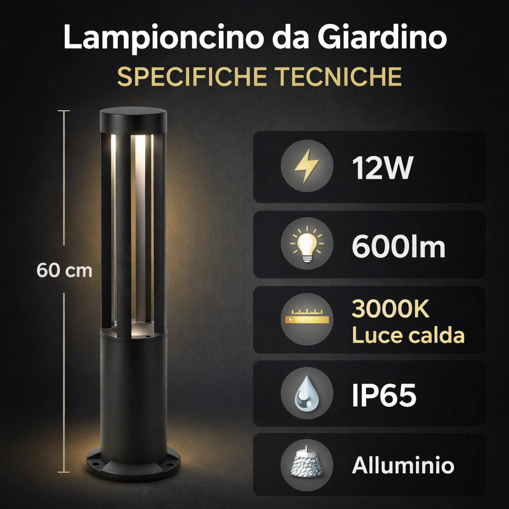 Lampioncino LED da Giardino 60 cm 12W 600LM Luce Calda 3000K IP65 Paletto Luminoso da Esterno in Alluminio per Vialetti Giardino Cortile Illuminazione Moderna Nero