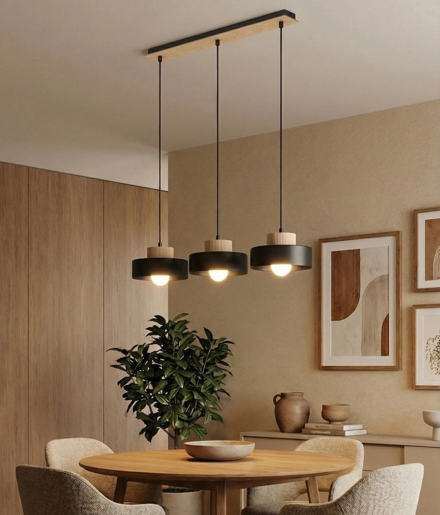 Lampada sospesa japandi KIVI nera legno 3xE27 Emibig