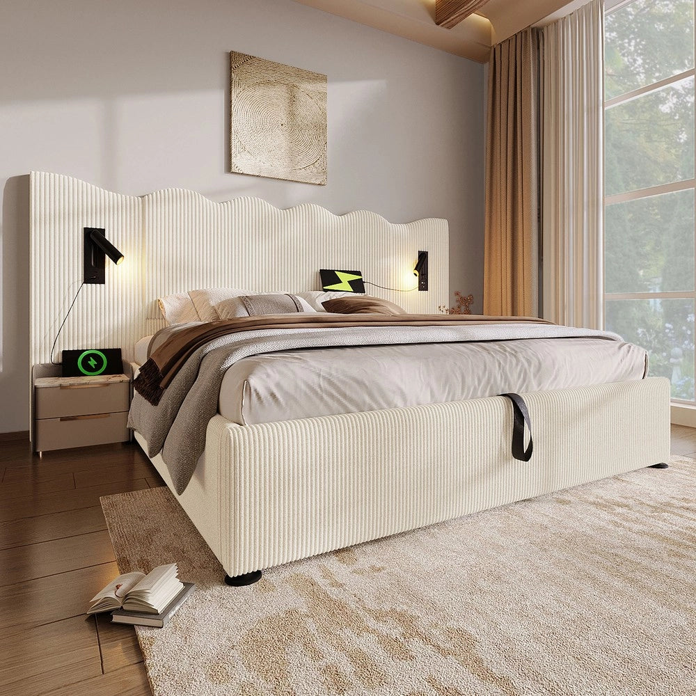 Letto Imbottito Contenitore Matrimoniale con Luce LED e USB ¨C MINIMAL ¨C Cordone Beige/Bianco, Doghe Massello, 180x200