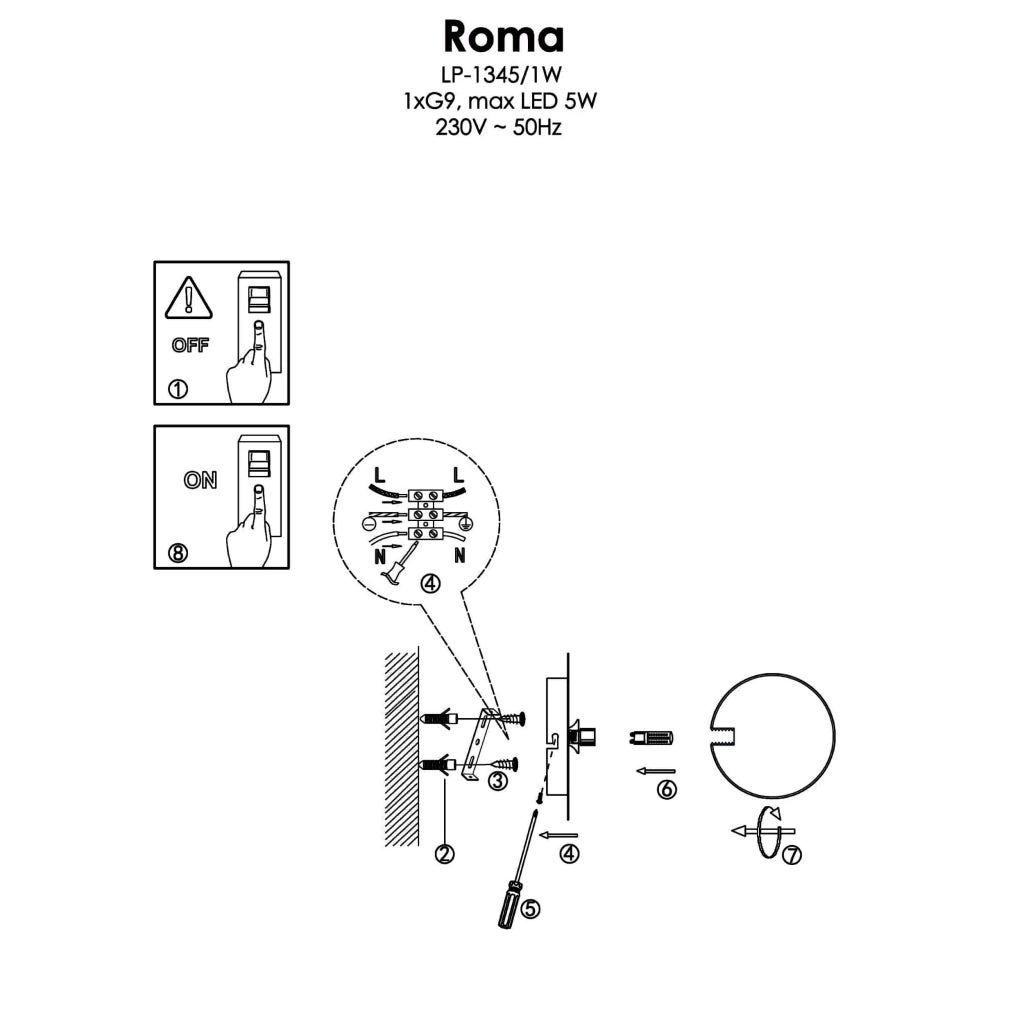 Applique Roma nera vetro bianco 1xG9 Light Prestige