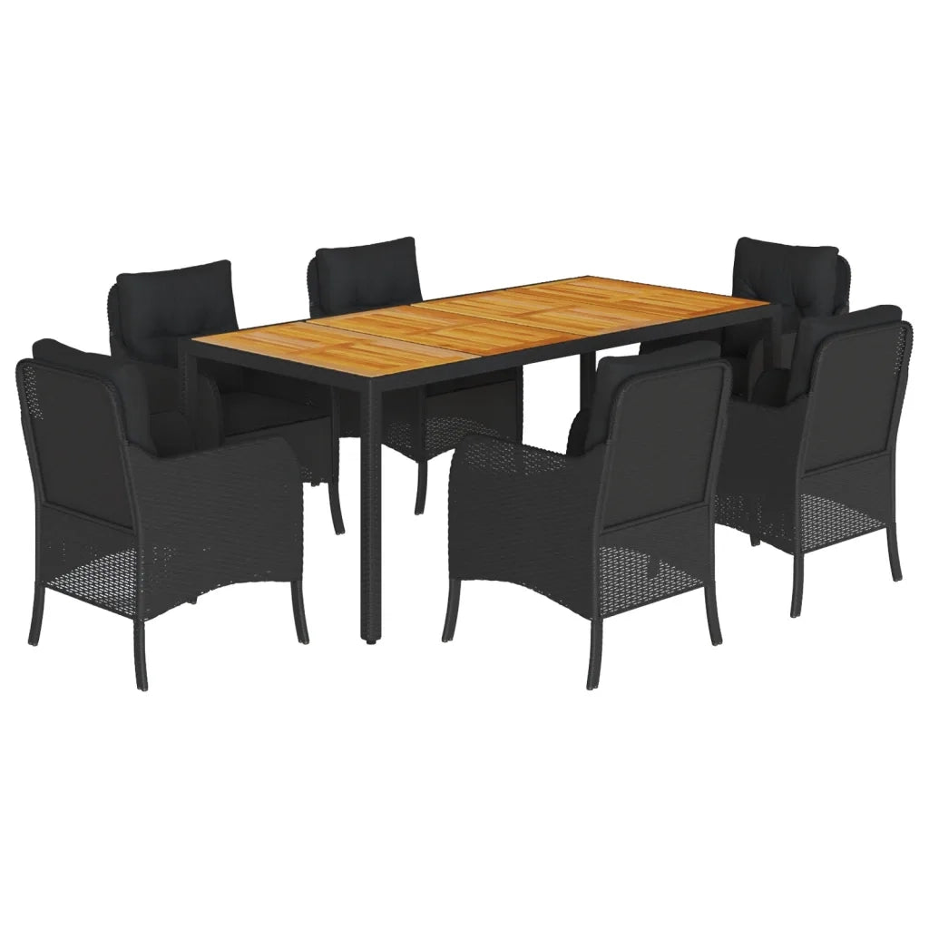 Set da Pranzo da Giardino 7 pz Nero con Cuscini in Polyrattan