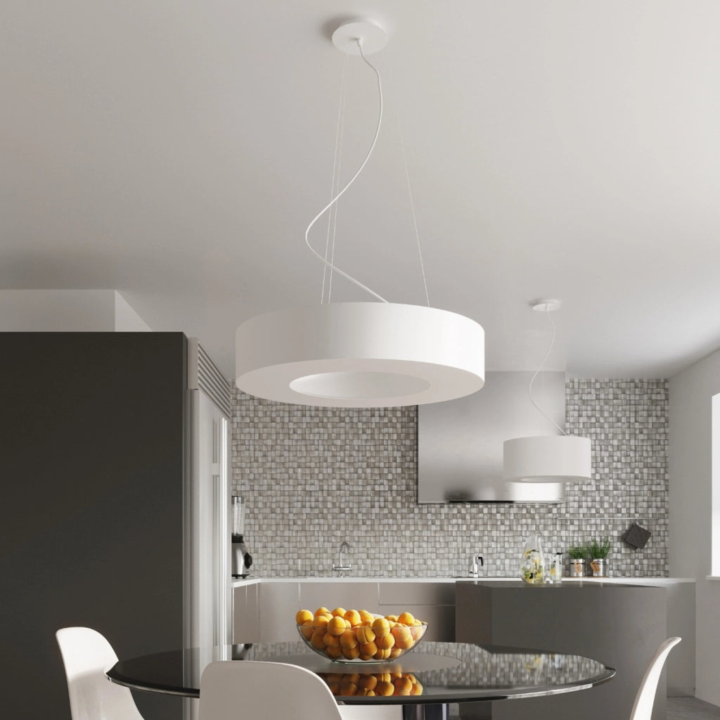 Lampadario rotondo Saturno Slim a 6 luci, 70 cm, tessuto bianco, PVC, acciaio