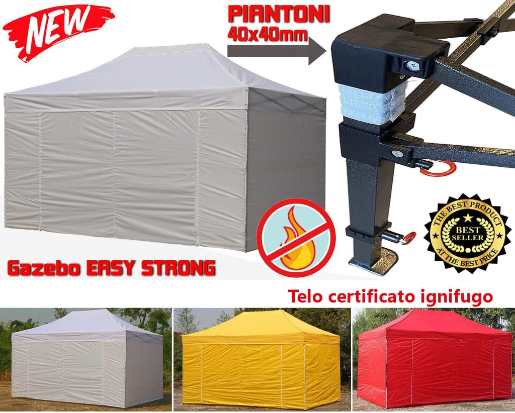Gazebo 3x4,5m blu certificato IGNIFUGO SENZA laterali pieghevole portatile estendibile richiudibile estensibile acciaio per fiere eventi stand chiosco tenda tendone mercato mercatino