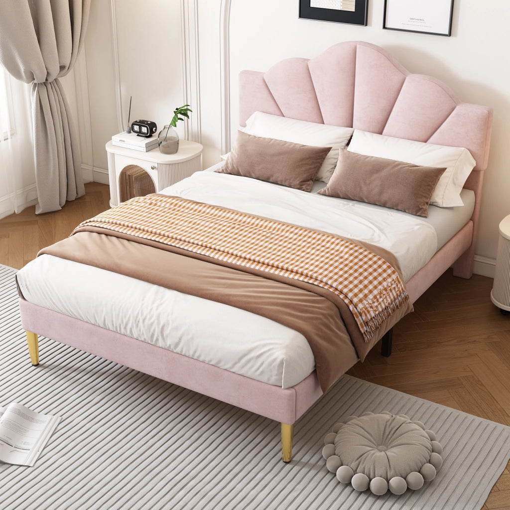 OKWISH Letto Imbottito 140×190 cm, Letto Matrimoniale con Testiera Regolabile e Piedini in Ferro Dorati, senza Materasso, Velluto Rosa