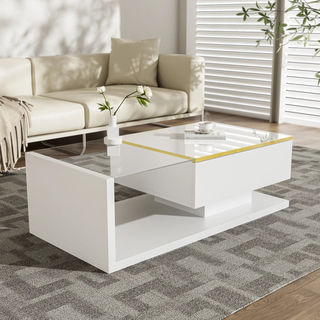 Tavolino da salotto 100 cm - Zephmum - Bianco lucido con vetro ed effetto LED