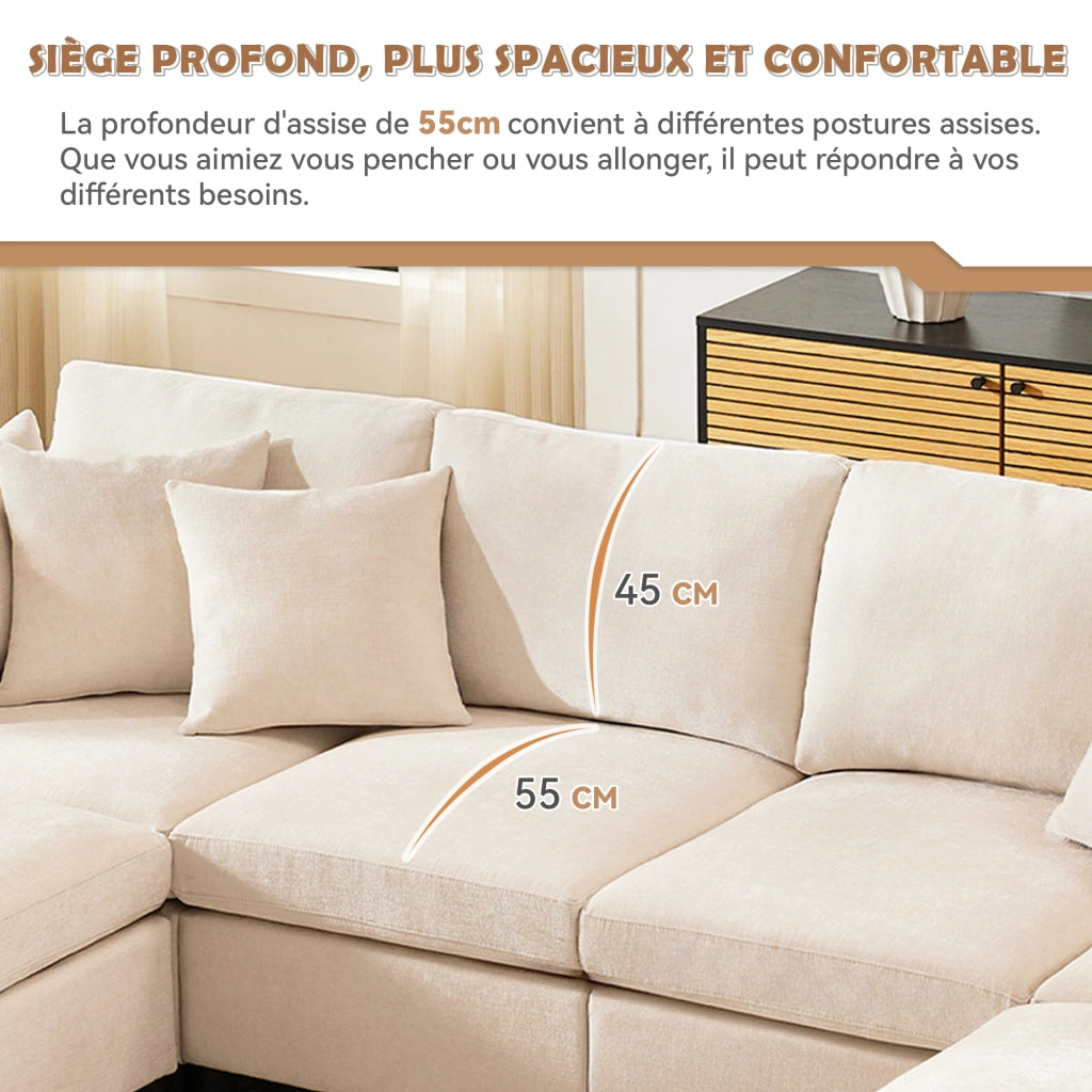 Divano modulare - Zephmum- Trasformabile in U e L, 2 pouf, 6 cuscini, tessuto chenille