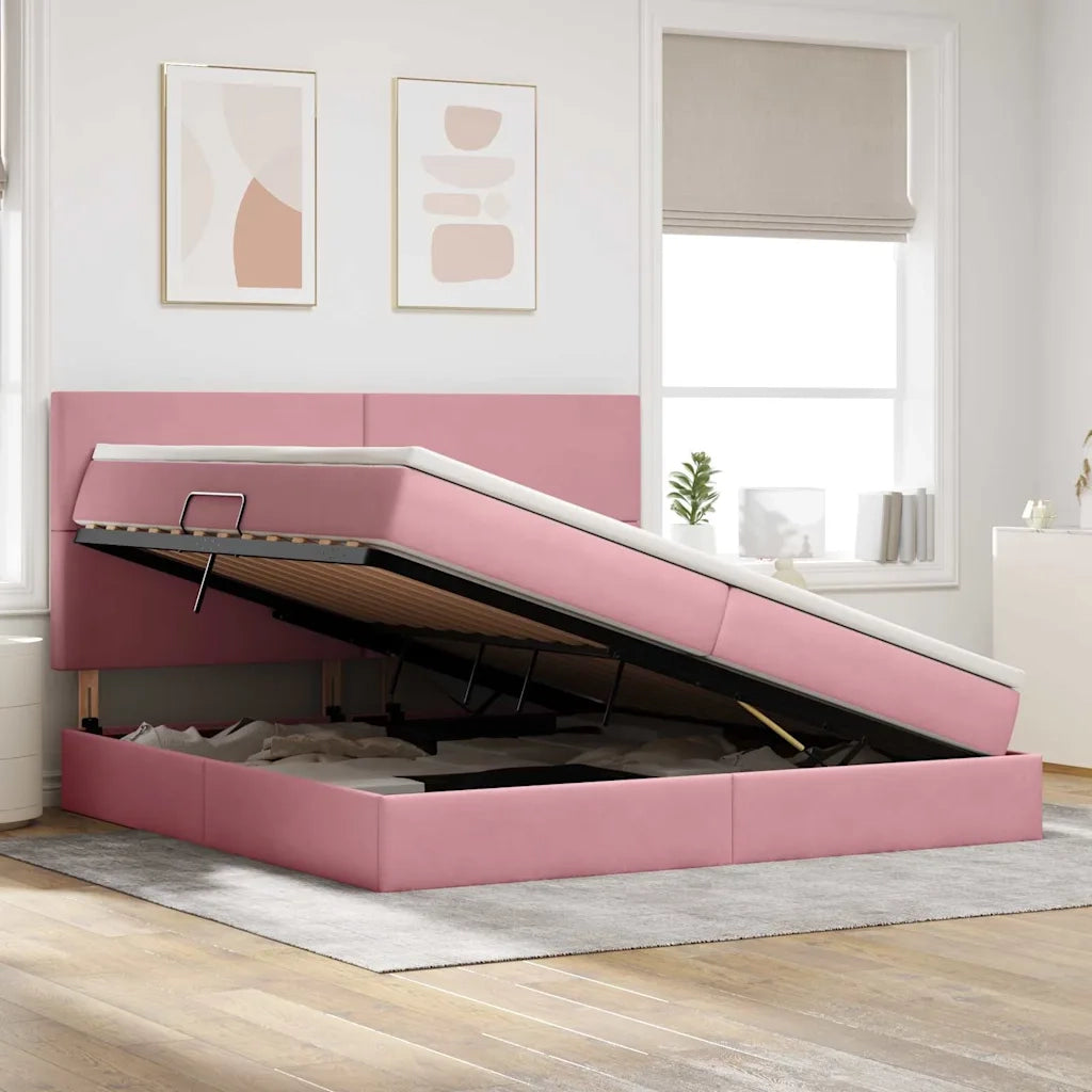 Letto con contenitore e materasso Rosa 200 x 200 cm Velluto 3371996