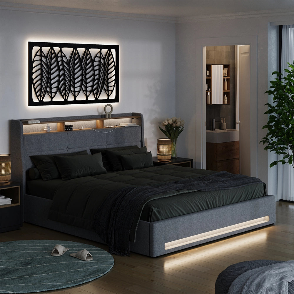 Vitalispa Letto imbottito Grigio/quercia 180x200 con LED e porta USB